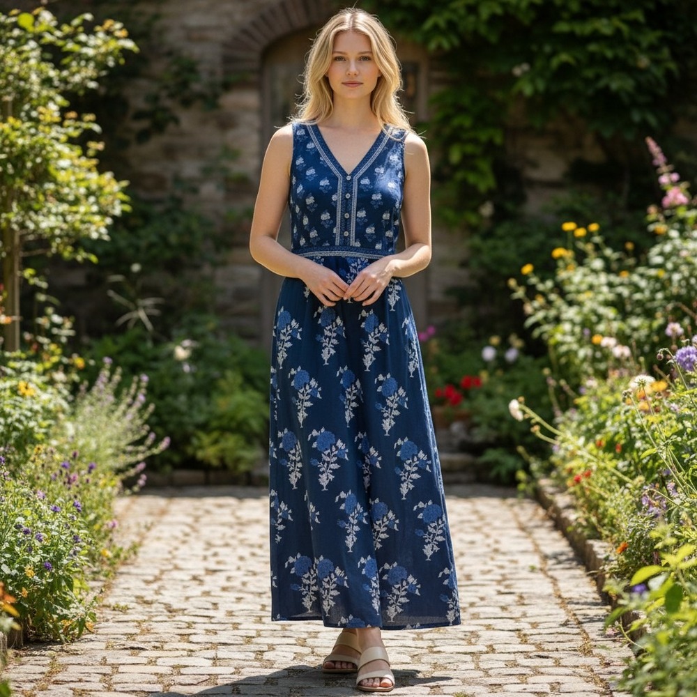 Pure Jill Navy Blue Floral Cotton Midi Dress Sleeveless Embroidered V-Neck S
